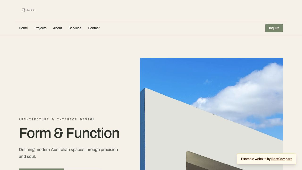 Banksia Architecture Studio example website showing homes, interiors, and cultural projects