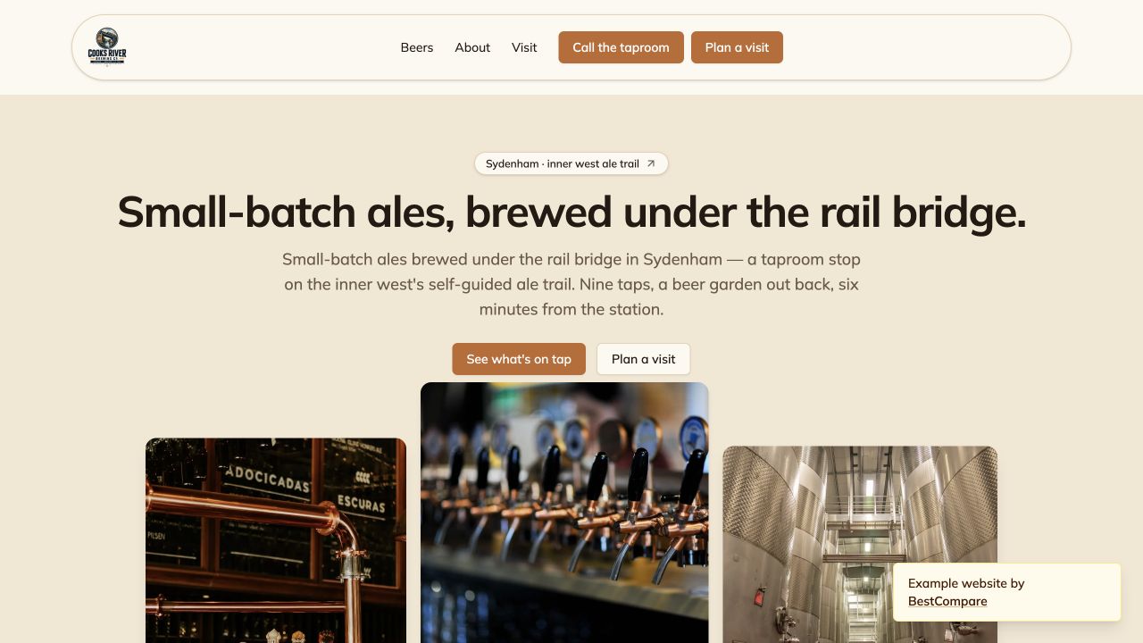 Cooks River Brewing Co. example website showing taproom beers, events, and venue details
