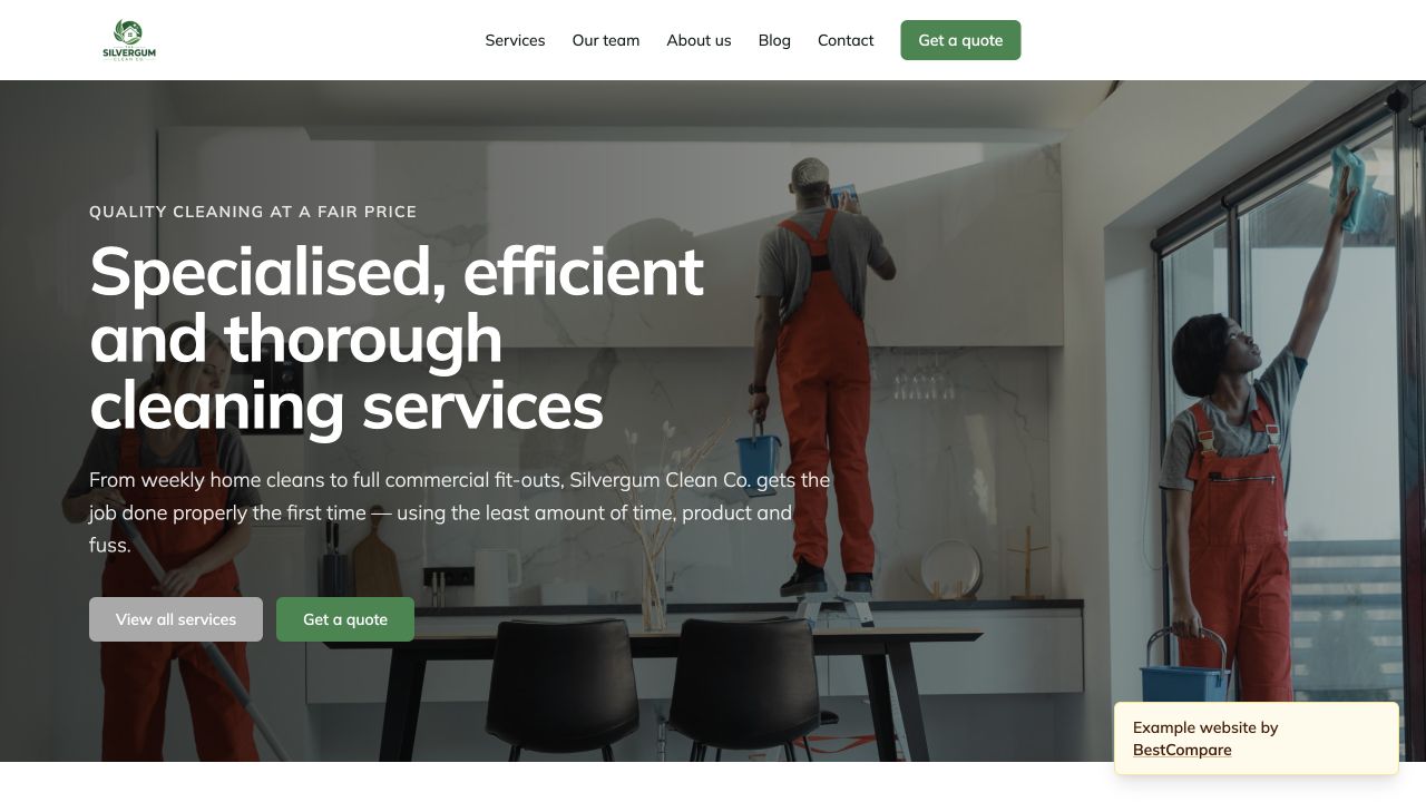 Silvergum Clean Co. example website showing home and commercial cleaning services