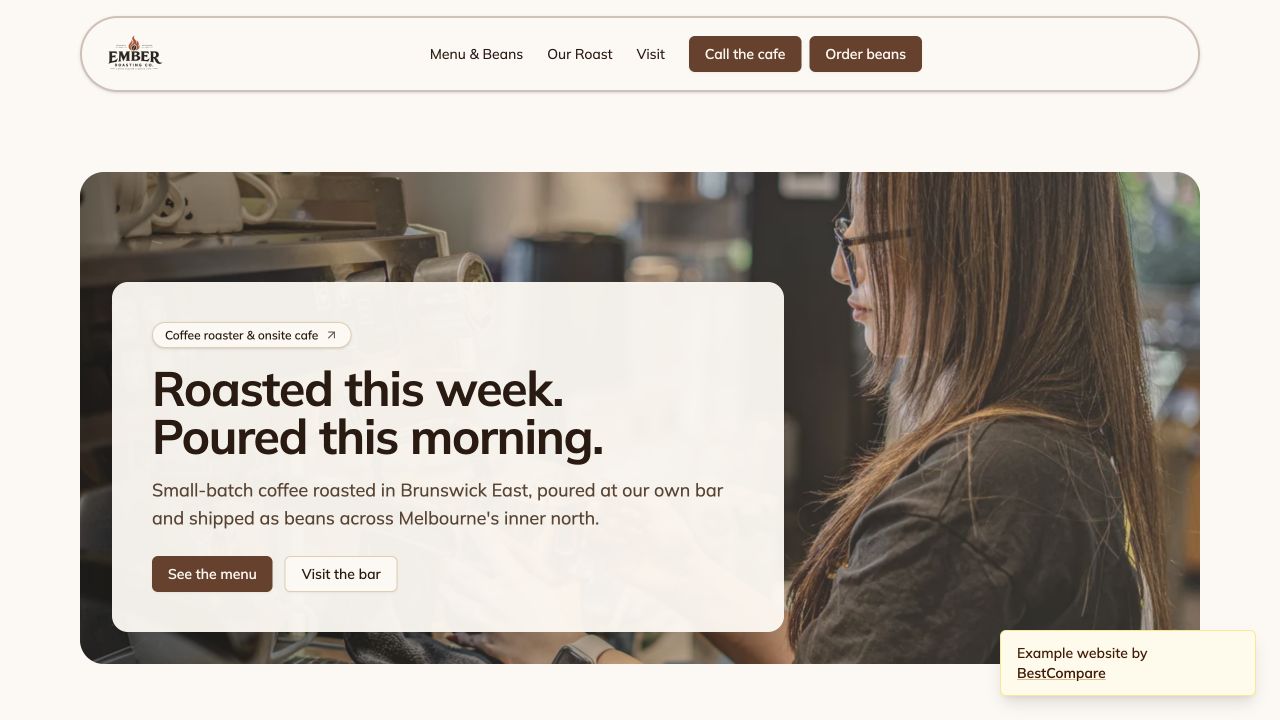 Ember Roasting Co. example website showing coffee, menu, and local delivery information