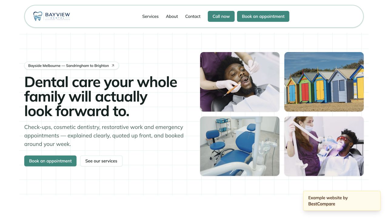 Bayview Dental example website showing services and appointment information