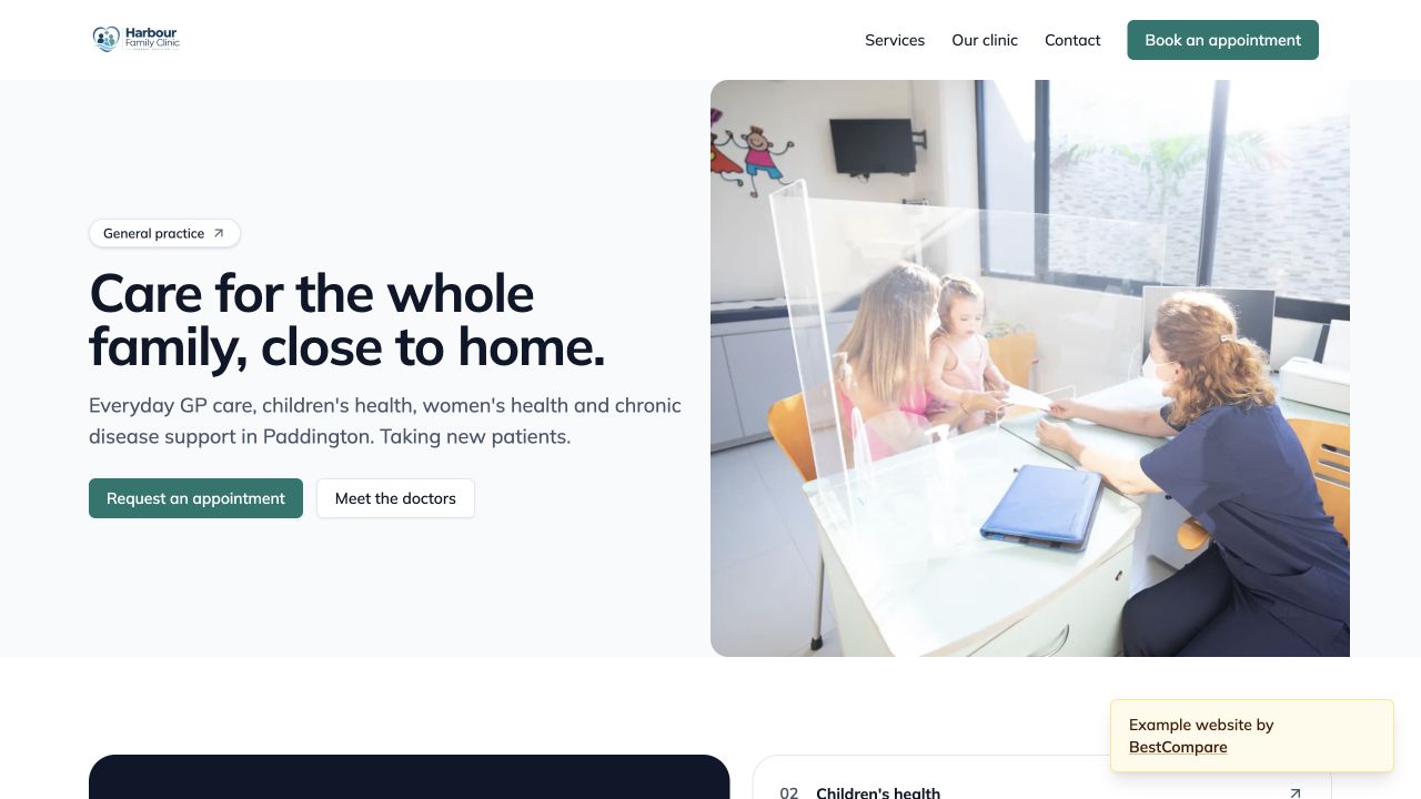 Harbour Family Clinic example website, showing services, practitioner profiles and appointment requests.
