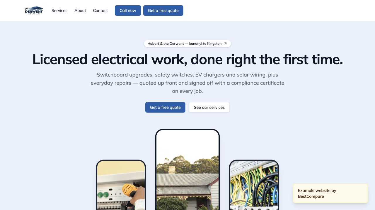Derwent Electrical example website showing electrical services and enquiry actions