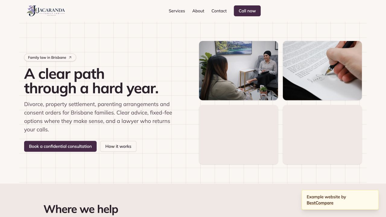 Jacaranda Family Law example website showing practice areas and consultation information