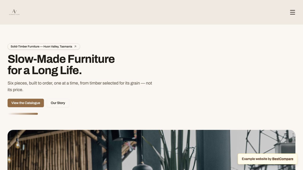 Alder and Vane furniture studio example website showing handmade timber furniture