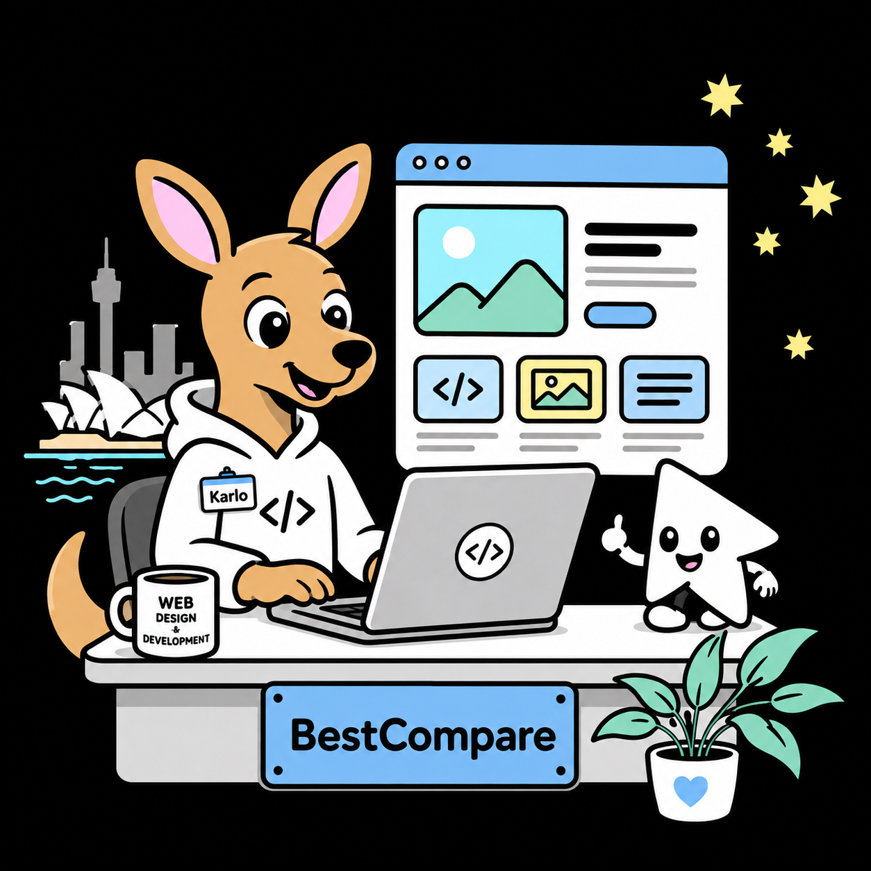 Karlo the kangaroo designing a BestCompare website