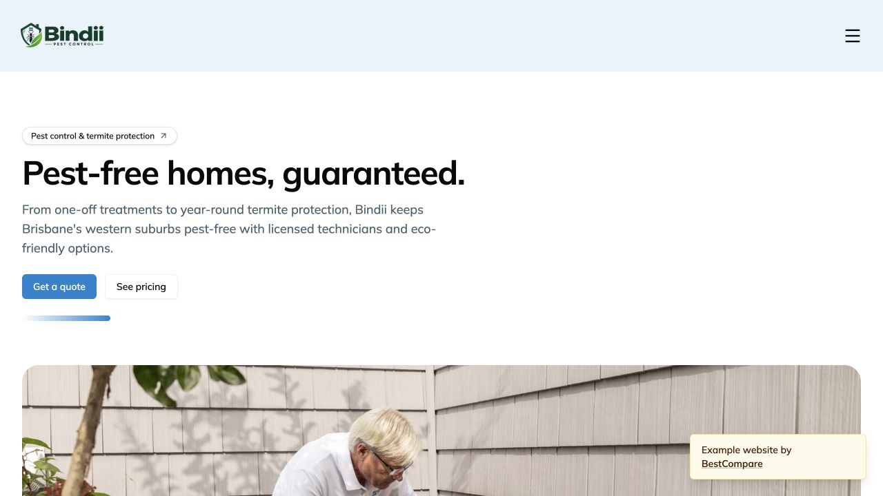 Bindii Pest Control example website showing licensed pest treatment services