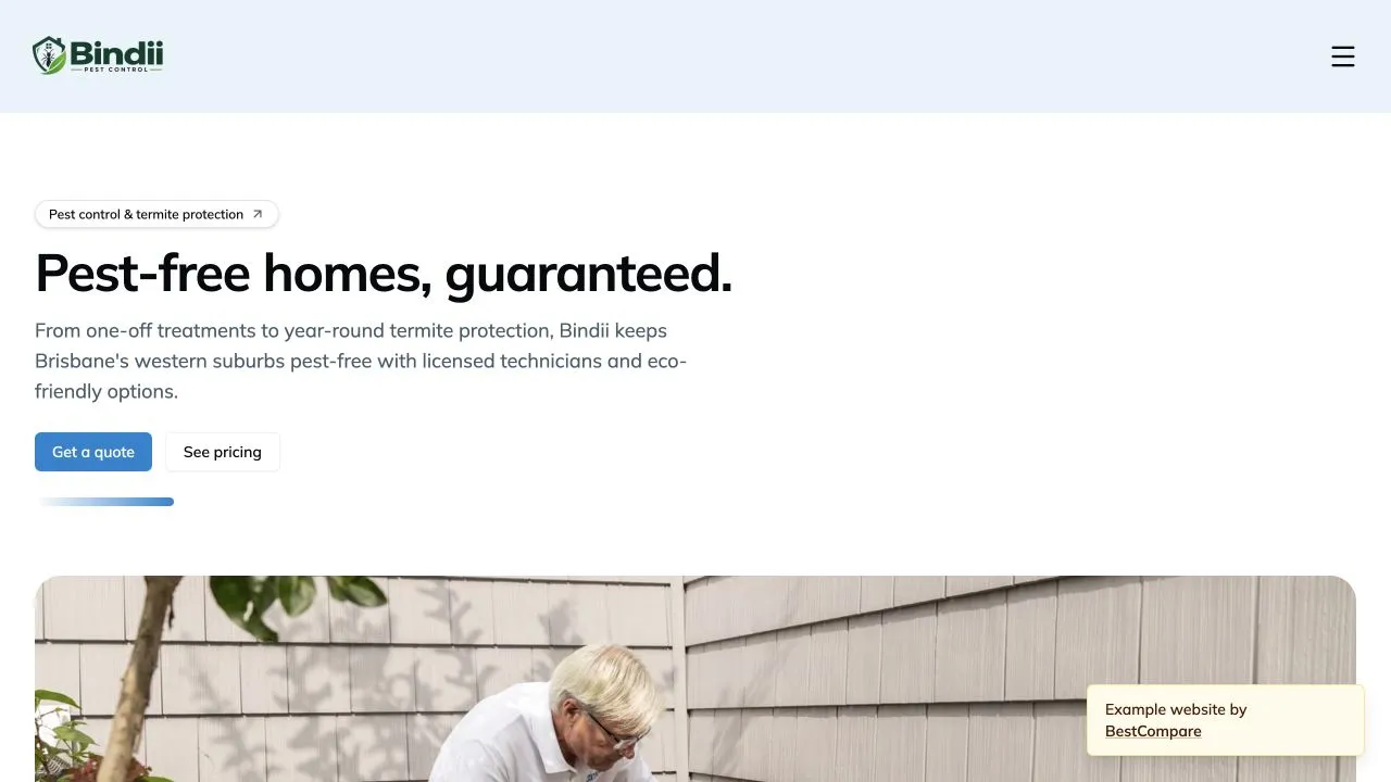 Bindii Pest Control fictional demo website homepage screenshot