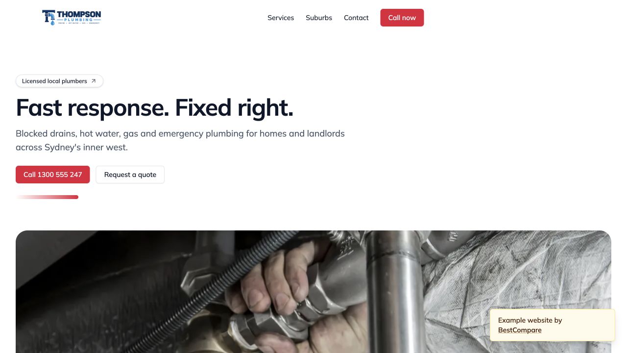 Thompson Plumbing example website showing services and a call action