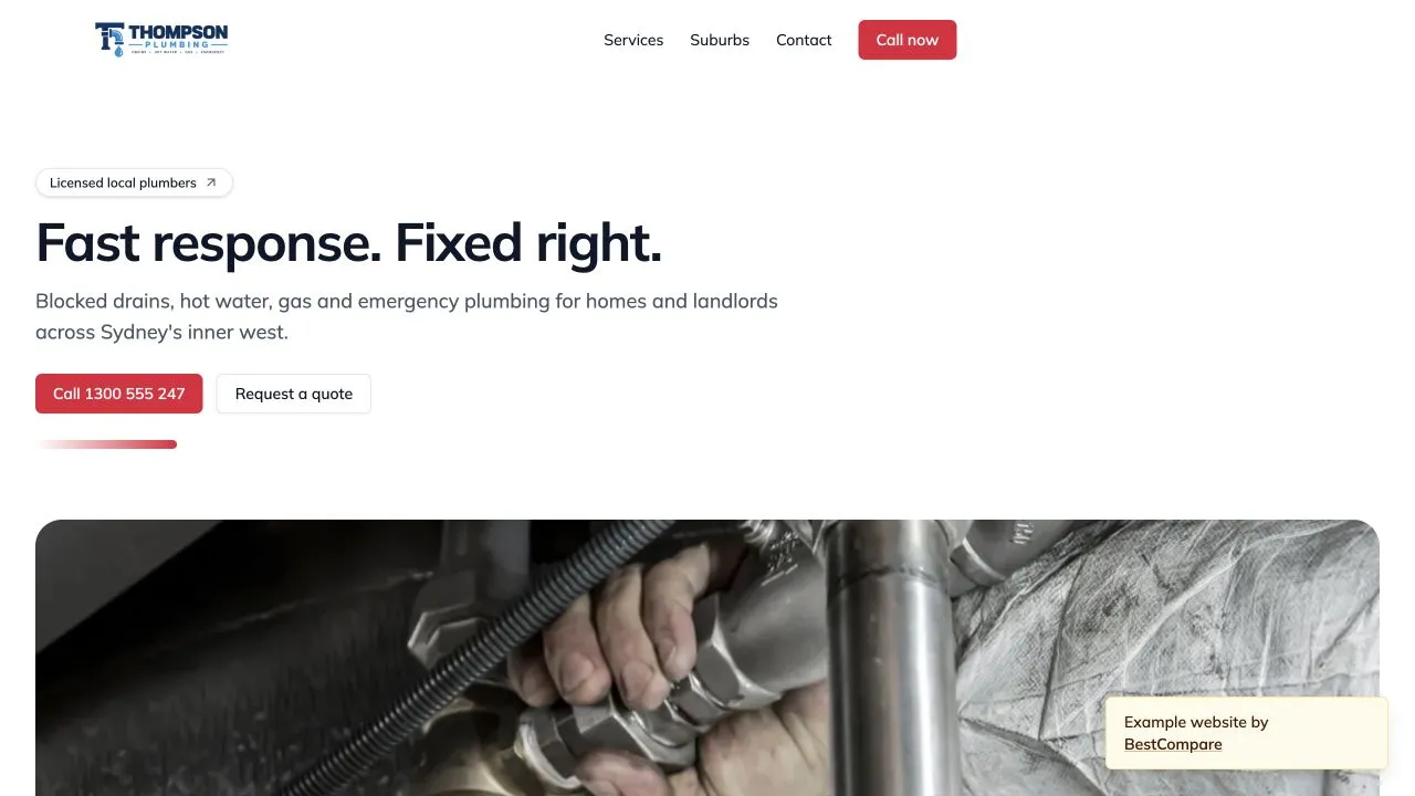 Thompson Plumbing fictional demo website homepage screenshot