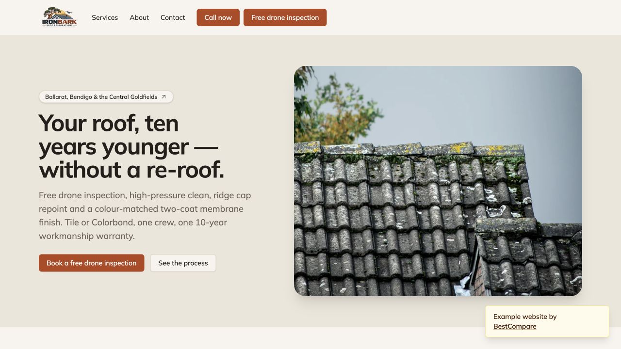 Ironbark Roof Restorations example website showing roofing services and inspection actions