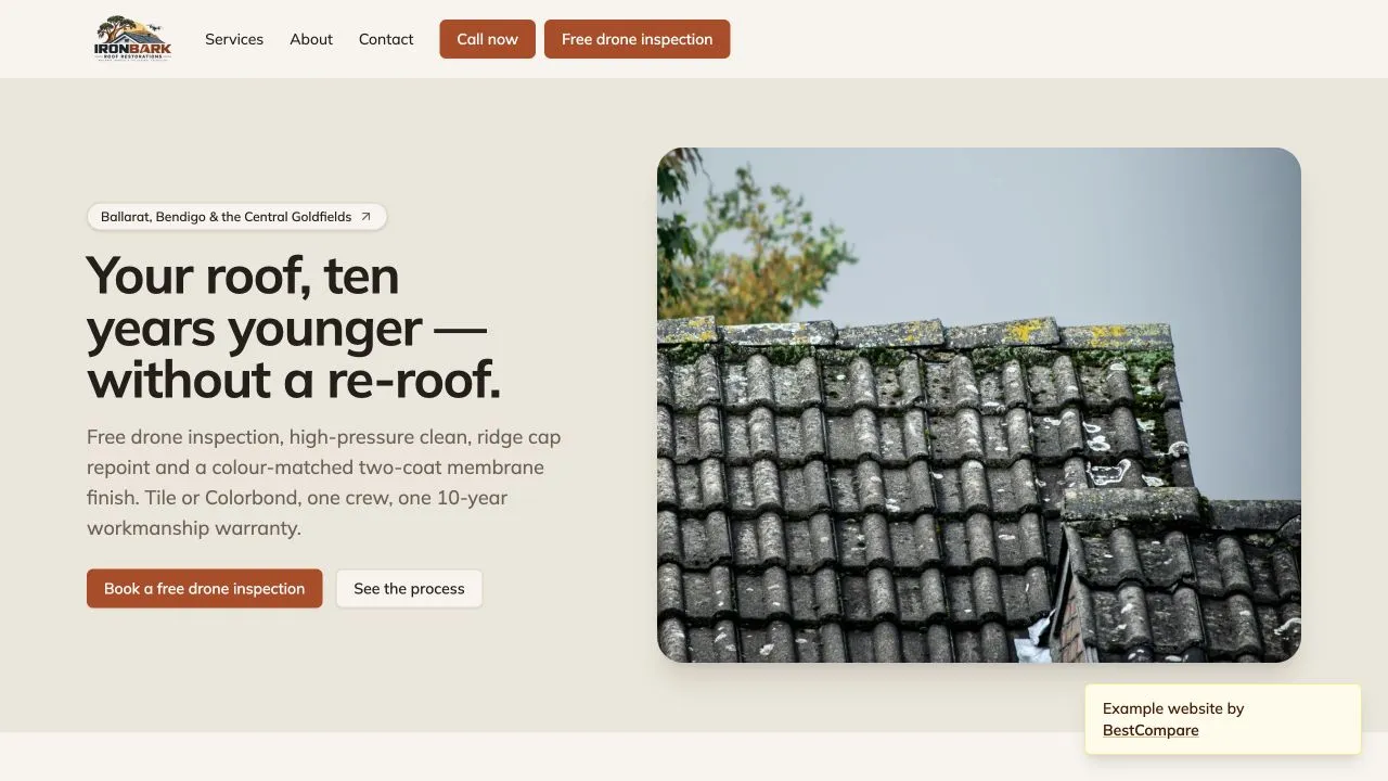Ironbark Roof Restorations fictional demo website homepage screenshot